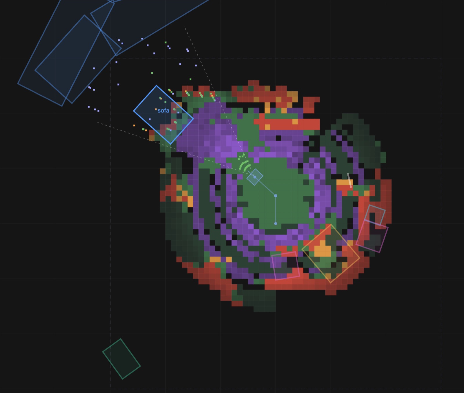 2D cell map with the sofa marked as a box near its edge