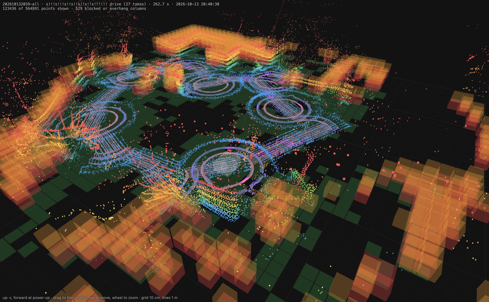 3D view of a recorded drive: coloured distance points and orange blocks for occupied map cells